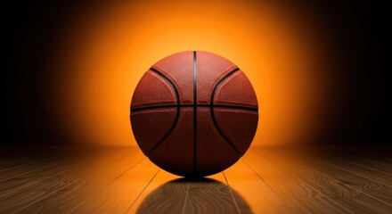 Obraz premium Basketball with Dramatic Light and Shadow on Hardwood Court Floor