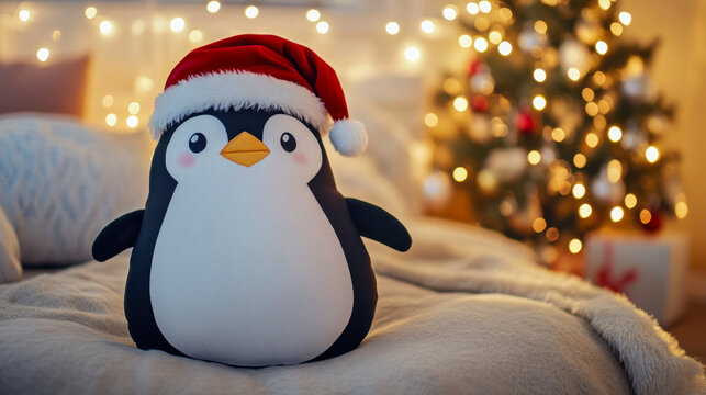 Stuffed penguin with santa hat on bed and christmas lights