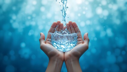 Hands Holding Flowing Water — A Symbol of Life, Purity, and Sustainability, Capturing the Essence of Clean Water Conservation and the Beauty of Nature’s Most Precious Resource in Soft Blue Light