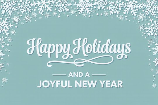 Elegant white script Happy Holidays and Joyful New Year greeting card design with delicate cascading snowflakes on soft teal background for festive winter invitations and premium holiday stationery (1