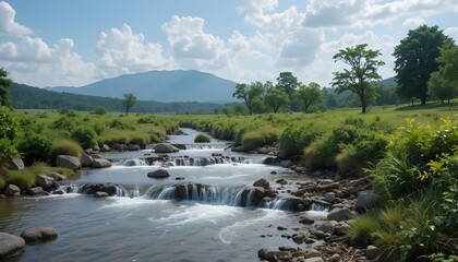 Peaceful mountain stream flowing through green meadow with rocks and trees under a bright blue sky serene summer landscape with clear water and distant hills