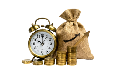 Golden clock & coin stacks with burlap sack & upward arrow against black bg
