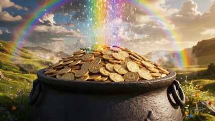 An animated pot of gold appears at the end of a rainbow. A magical cauldron fills with shiny gold coins in a fantasy landscape. Luck, fortune, and wealth concept for St. Patrick's Day - Powered by Adobe