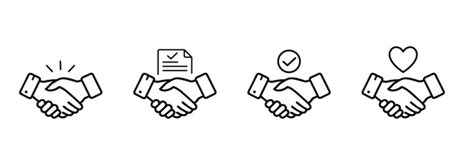 Set of Four Black Outline Handshake Icons with different icons representing agreement success and partnership On Transparent Background