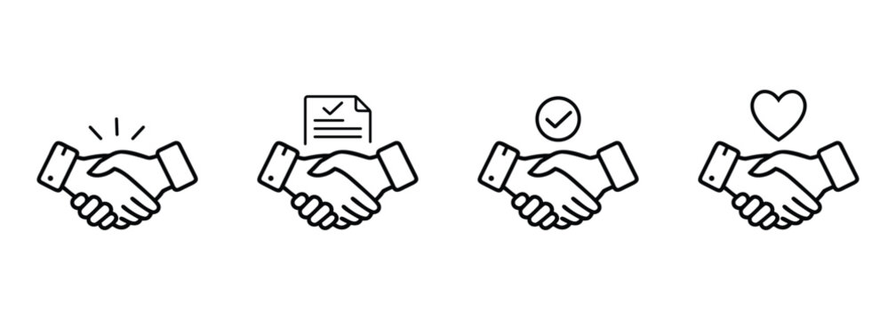 Set of Four Black Outline Handshake Icons with different icons representing agreement success and partnership On Transparent Background