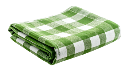 Folded green and white checkered cloth on a transparent background