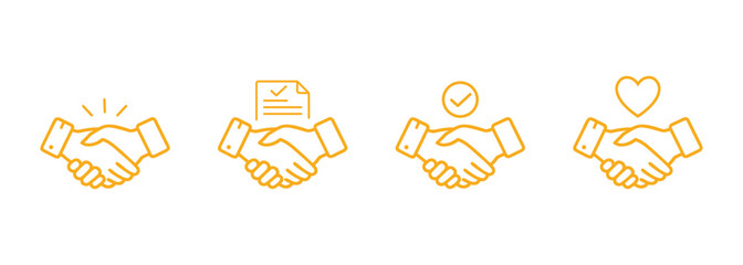 Four stylized golden outline icons depicting handshakes representing partnership agreement trust and love isolated on transparent background