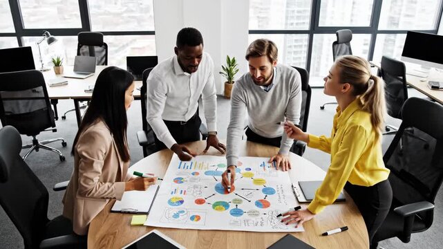 A diverse business team collaborates on a project in a modern office. Colleagues brainstorm strategy using a large mind map. Corporate teamwork and planning concept