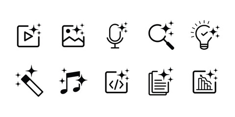 Collection of black outline icons representing various digital concepts isolated on transparent background