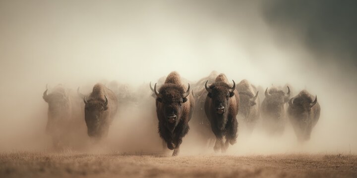 Running herd of bison in a dusty environment wildlife photography