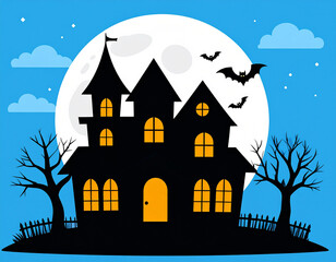 Dark haunted house silhouette under a full moon with bats flying around. Ideal for Halloween invitations, posters, spooky backgrounds, and themed party designs.
