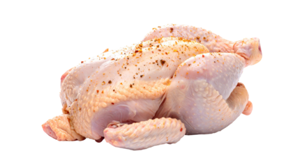 A raw, seasoned chicken on a black background, prepared for cooking