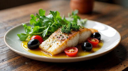 Baked seabass with olives, cherry tomatoes, and arugula on a Mediterranean plate