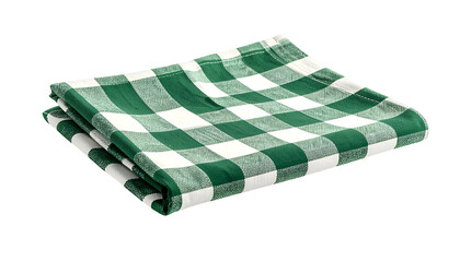 Folded square cloth with green and white checkered pattern against a black background