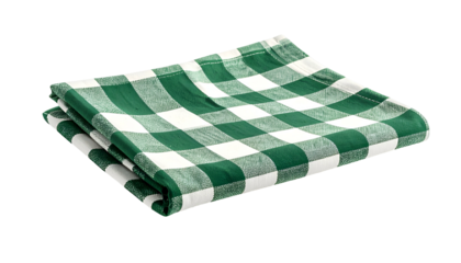 Folded square cloth with green and white checkered pattern against a black background