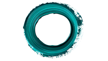 A teal spiral brushstroke forms a hollow circle against a black background, with white edges