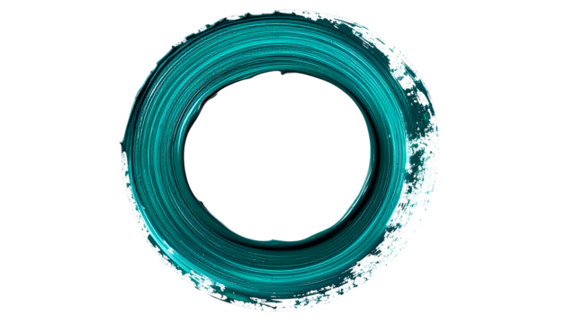 A teal spiral brushstroke forms a hollow circle against a black background, with white edges