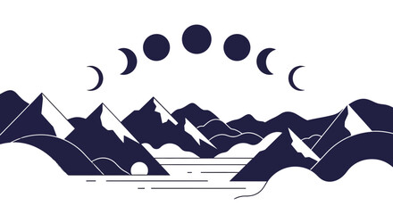 Dramatic Nighttime Mountain Ranges Embellished With Phases Of The Moon Symbolism
