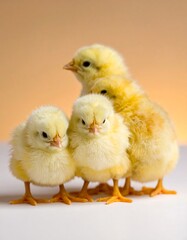 Obraz premium Four fluffy baby chicks, standing and huddled together on a white surface