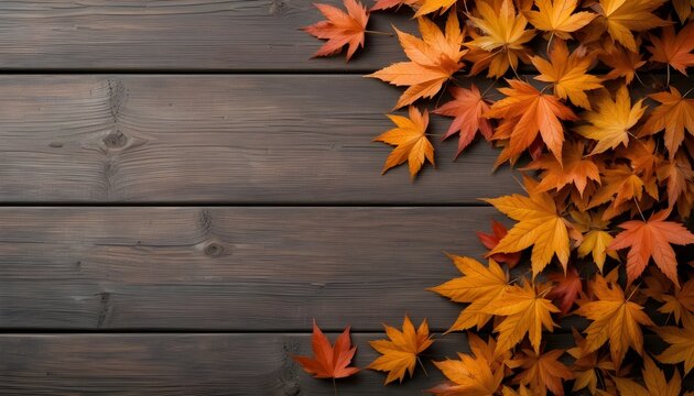 "Beautiful Autumn Maple Leaves on Wooden Background &mdash; Warm Fall Colors, Seasonal Nature Scene, Rustic Texture, and Cozy Autumn Aesthetic Perfect for Thanksgiving and Seasonal Design Inspiration