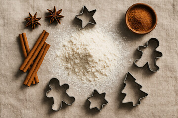 Holiday Baking Essentials: Flat Lay Composition of Flour, Spices, and Christmas Cookie Cutters