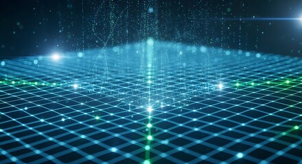 Photo of abstract digital network grid with glowing blue and green connections, representing data flow and technology