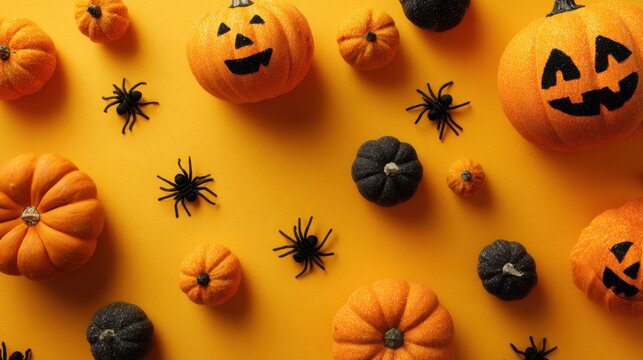 Festive Halloween pumpkins and spiders