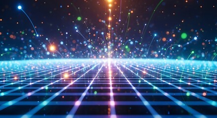 Photo of abstract glowing particles and grid pattern in a futuristic digital space