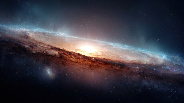 A galaxy with a bright yellow spot in the center. The galaxy is filled with stars and dust - Powered by Adobe