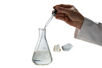 hand in lab coat, adding liquid from dropper to flask with crystals and stones, cutout, PNG isolated on a white or transparent background, AI