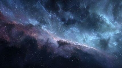 Fototapeta premium A starry sky with a purple cloud in the middle. The sky is filled with stars and the cloud is purple