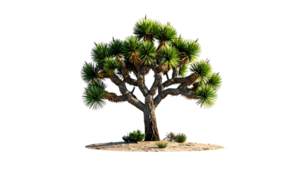 Isolated desert tree with green spiky leaves and rough bark, on a sandy base, shadow