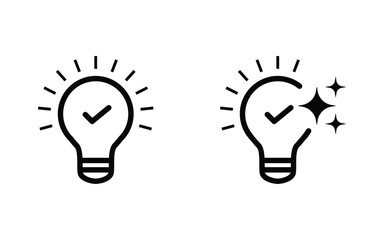 Black light bulb icons with checkmarks and sparkles isolated on transparent background
