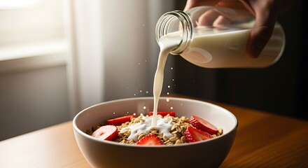 Pouring fresh milk onto delicious breakfast cereal with strawberries imagery