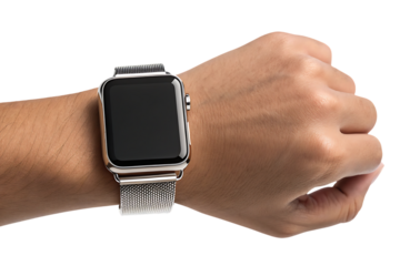 hand holding silver mesh band smartwatch, with a blank screen, cutout, PNG isolated on a white or transparent background, AI