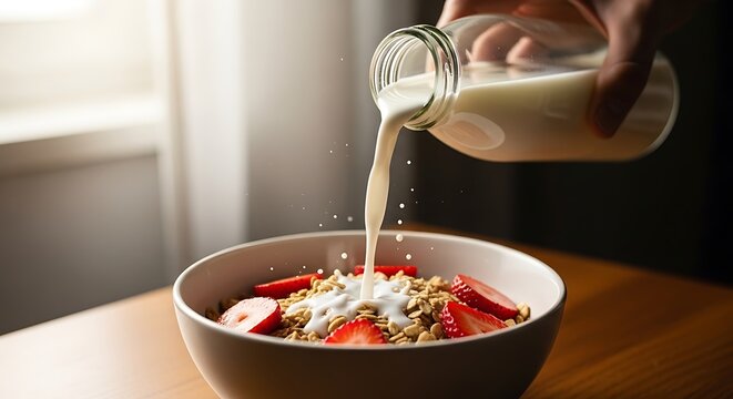 Pouring fresh milk onto delicious breakfast cereal with strawberries imagery
