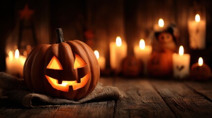 Fototapeta premium halloween pumpkin glowing by candlelight