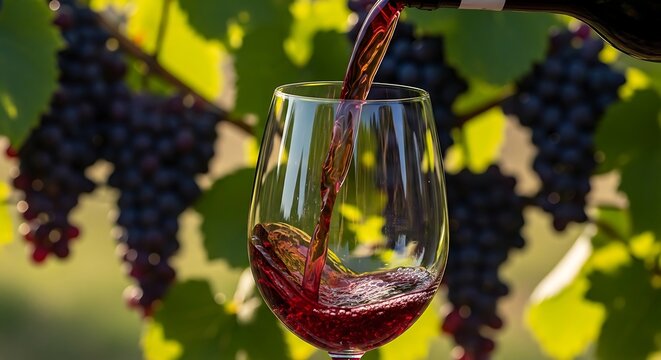 Pouring red wine into a glass at vineyard backdrop