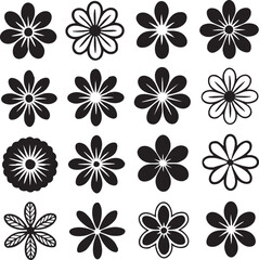 Sixteen Black Flower Silhouettes on White Background