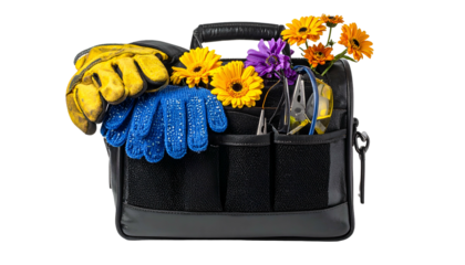 Black tool bag with gloves, flowers, and tools overflowing. A contrast of function and beauty