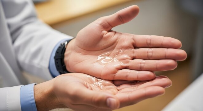 Doctor applies hand sanitizer for protection against germs and bacteria for health awareness or hygiene concepts during a healthcare pandemic - Powered by Adobe