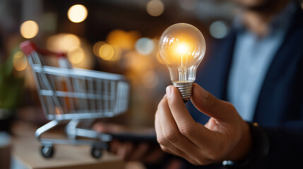 Business hand touching virtual shopping interface with lightbulb representing creative sales funnel conversion optimization digital commerce concept tablet visible face