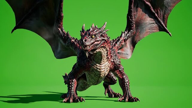Angry dragon breathing smoke on a green screen. Vertical video of a 3D animated fantasy creature for VFX. Mythical monster for CGI compositing