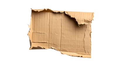 Torn piece of corrugated cardboard with frayed edges, isolated against a black background