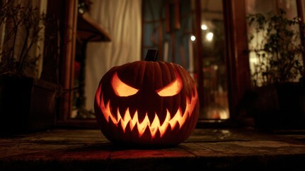 evil glowing halloween pumpkin at night