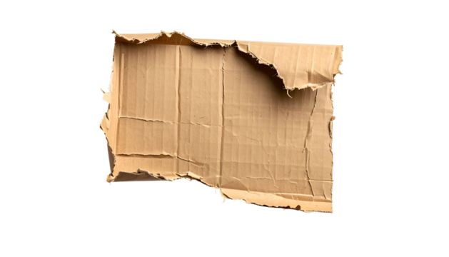 Torn piece of corrugated cardboard with frayed edges, isolated against a black background