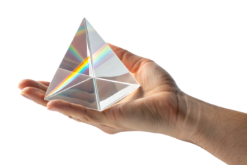 hand holding triangular glass prism, refracting light into a rainbow spectrum, cutout, PNG isolated on a white or transparent background, AI