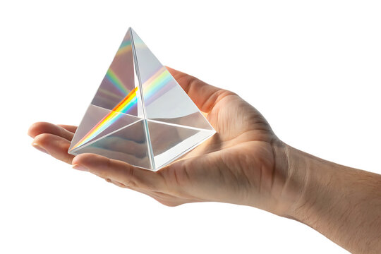 hand holding triangular glass prism, refracting light into a rainbow spectrum, cutout, PNG isolated on a white or transparent background, AI