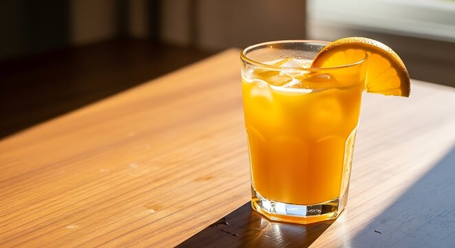 Refreshing Orange Juice with Ice and Orange Slice on Wooden Table - Powered by Adobe