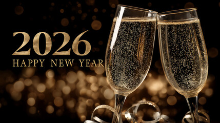 Happy new year 2026 champagne glasses holiday celebration background